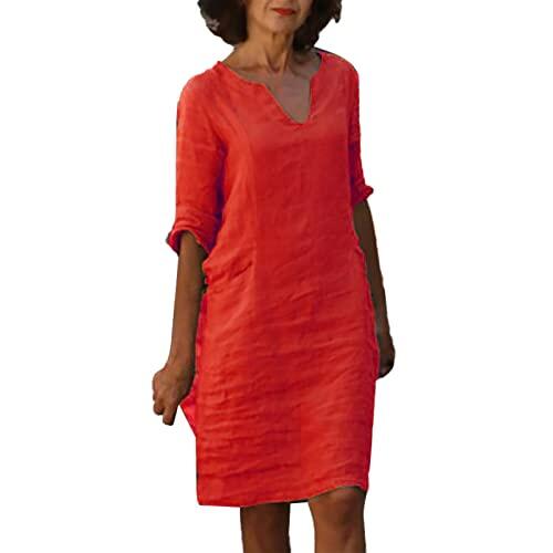 Vestido de mujer de algodón y lino de manga corta para vacaciones, semi informal, cuello de pico, minivestido de color liso, vestido amarillo, corto, rojo, M