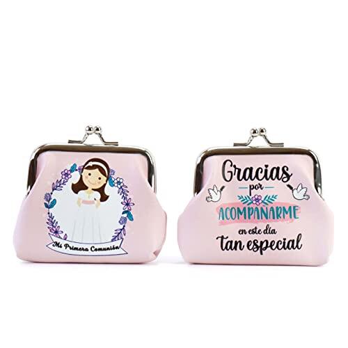 Pack de 12 a 42 uds Monederos Comunión Niño y Niña | Polipiel con Cierre Metálico | 8,5 x 7 cm | Regalos Invitados Comunión | Varios Modelos No Personalizables | Regalantes (18, Niña Rosa)