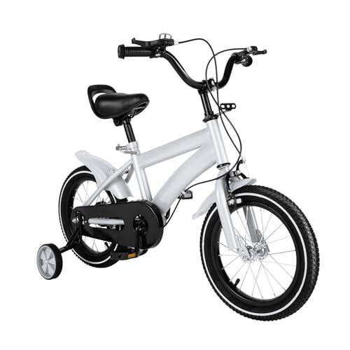 LENJKYYO Bicicleta infantil ajustable de 14 pulgadas con ruedas estabilizadoras para 3-6 años de acero al carbono, para niños y niñas, sistema de frenado dual, blanco