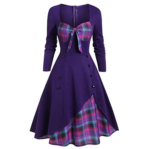 Vestido de verano para mujer, informal, estampado a cuadros, vestido gótico, cintura de contraste, empalme, doble botonadura, vestido largo para mujer, morado, XL