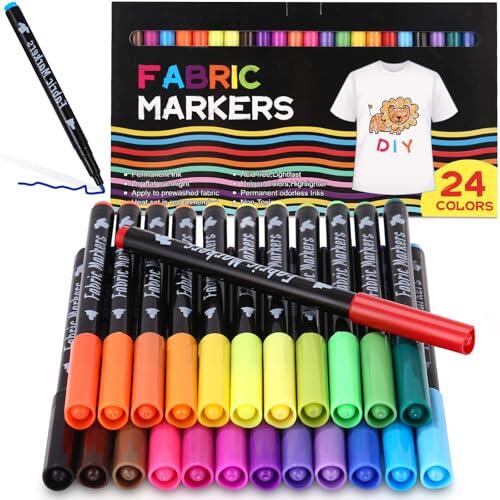 24 Rotuladores Textiles, Rotulador Textil Permanente, Rotuladores Para Tela, Marcadores de Tela Lavables a Máquina, Lápices Textiles, Perfecto para Camisetas, Sombreros, Tote Bag, Baberos, Zapatos