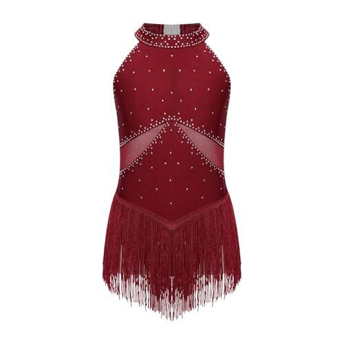 MDYTPT Leotardo con flecos para niñas, vestido de patinaje artístico para gimnasia, cha-cha, tango, baile latino, Rojo -, 8