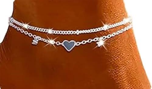 Tobilleras de Plata Ajustables Corazón de Mariposa para Mujer, Tobilleras Dobles Joyas de Pie de Playa Regalos para Mujer Adolescentes Niñas, Tobillera Pulsera (Incluye Caja de Regalo)