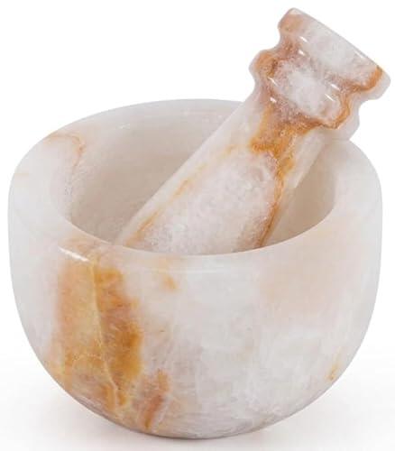 Juego de mortero y mortero de mármol de 3 pulgadas, ónix blanco hecho a mano, trituradora de ajo y molinillo de hierbas, mortero de piedra, molinillo de especias pequeño, mortero y mortero para cocina