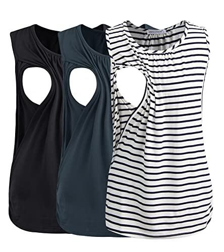 Smallshow 3 Pack Tops Lactancia Mujer Camiseta Sin Mangas,Black-Dark Grey-White Stripe,S