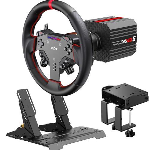 PXN VD6 Conjunto de Volante para Simracing 6 Nm – Base Servo de Baja Inercia, Volante de Carreras W AS, Pedales PD HM Hall y Abrazadera de Escritorio – Compatible solo con Windows 7 a 11 en PC