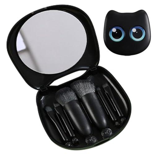 Nuyhgtr Kit de brochas de maquillaje, juego de 6 herramientas cosméticas, caja de almacenamiento con espejo para gatos, diseño compacto portátil, ideal para viajes, viajes de negocios, uso diario