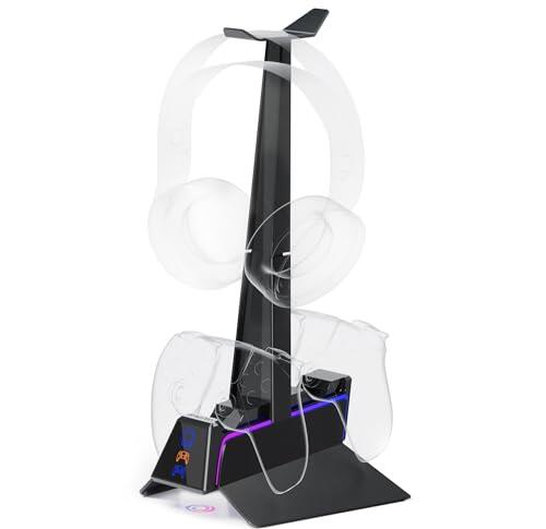 Oniverse - Cargador de Mando PS5 (estación de Carga rápida 2H, Soporte para Mando y Accesorio PS5, Doble Cargador Compatible con DualSense, Soporte extraíble de Carga para Auriculares Incluido