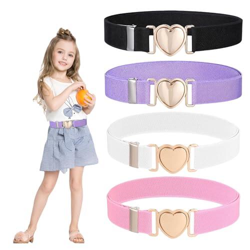 Kotkiddy 4 Piezas cinturón para niños, cinturón Colorido en Forma de corazón, cinturón elástico para Cintura para Vestidos, Jeans, Pantalones, Uniforme Escolar (Negro Blanco Rosa Lila)
