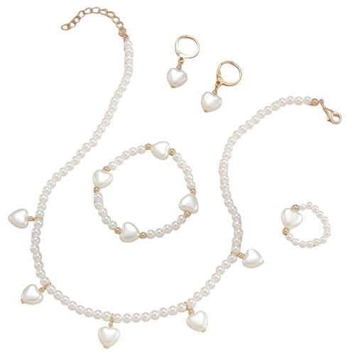 MUNSKT Juego de 5 piezas de joyas para niñas, pendientes de perlas, anillos, pulseras, collares para niñas, joyería para niñas, regalo para niñas pequeñas