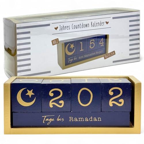 MIJOMA Calendario de cuenta regresiva musulmana de madera – Calendario de mesa azul/dorado con cubos – Cuenta los días hasta Ramadán, Eid, Achoura y más – Decoración para eventos islámicos