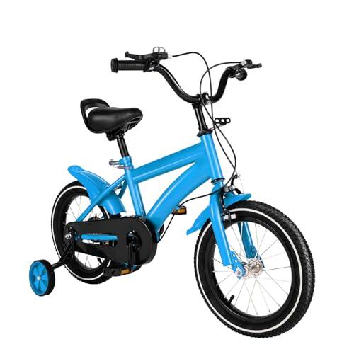 MIUKYUI - Bicicleta infantil de 14 pulgadas, de 3 a 6 años, para niñas y niños, color blanco con guardabarros y freno delantero y trasero combinados, de acero al carbono de alta calidad (azul)