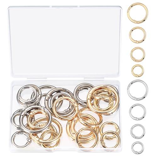 30 Pcs Mosquetones Redondos de Metal Multi-tamaño, Anillos de Resorte, Cierres de Anillos de Resorte Redondos, Llaveros de Resorte Anillas Mosquetones para Bolsos Carteras Manualidades, Oro/Plata