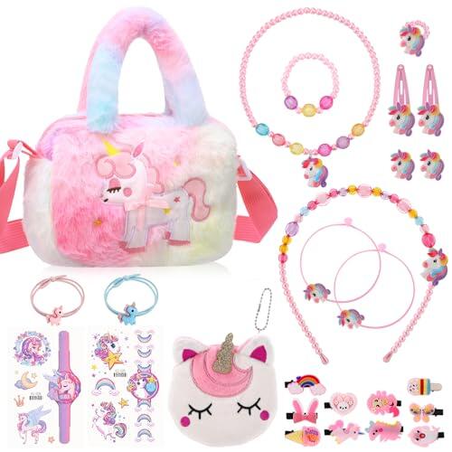 Halinuia Set de 26 piezas de joyería de unicornio para niñas, joyería para niños, bolsos, collares, pulseras, anillos, pendientes, horquillas, regalos de unicornio para niñas de 3, 4, 5, 6 años