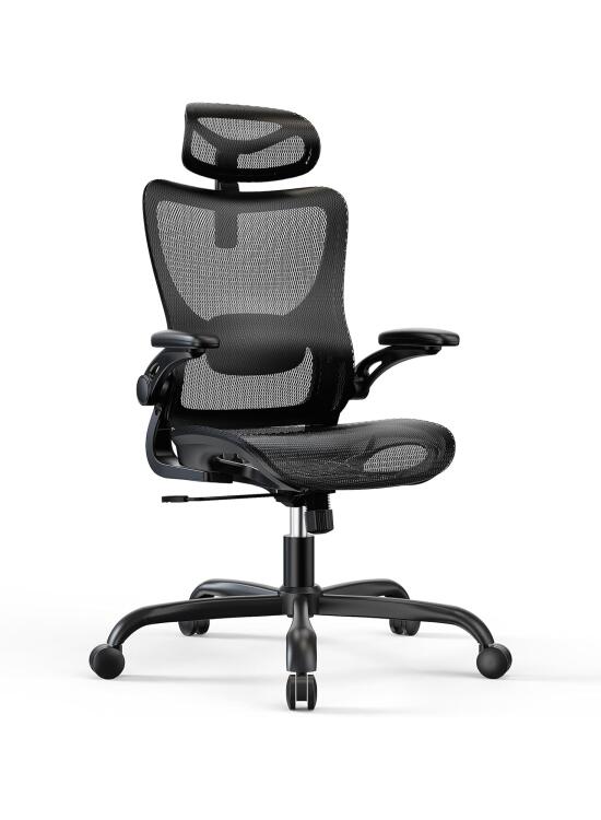 Marsail Silla de Oficina ergonómica con Soporte Lumbar Ajustable, reposacabezas y reposabrazos, Ajuste de Altura y función basculante, Color Negro Oscuro