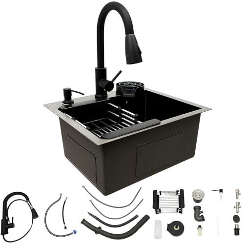 Fregadero de acero inoxidable de 45 x 40 cm, fregadero negro con grifo extraíble y lavavajillas para tazas, fregadero de cocina multifuncional, 1 lavabo, fregadero de empotrar, incluye tubo de desagüe