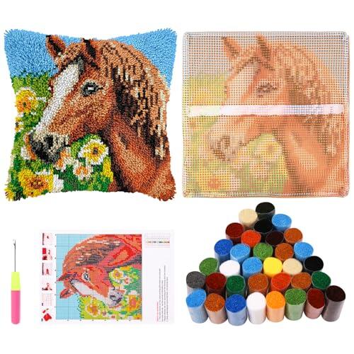 Guniata Juego de cojines de nudos para adultos, 43 cm, juego de fundas de almohada de anudado con hilo de ganchillo, funda de almohada hecha a mano, trabajo de aguja para decoración de sofá (caballo)