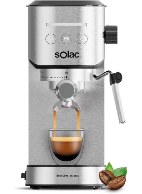 Solac Taste Slim Pro Inox - Cafetera Espresso 20 bares | 2 cacillas | Calientatazas | Calentamiento Thermoblock | Parada Automática | 1L | Acero Inoxidable | Programable | Libre de BPA