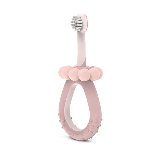 Suavinex, Cepillo Dientes para Bebés de 0 a 2 Años, Cerdas Súper Suaves, Ideal Encías Sensibles, Mango Ergonómico, Texturizado y Antideslizante, Tope de Seguridad Extraíble, Raspador Lingual, Rosa