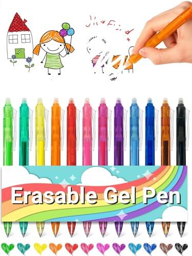 DealKits Juego de 12 bolígrafos de colores, 12 colores borrables, con goma de borrar, grosor de trazo 0,5 mm, ideal para oficina y escuela, bolígrafo de gel borrable