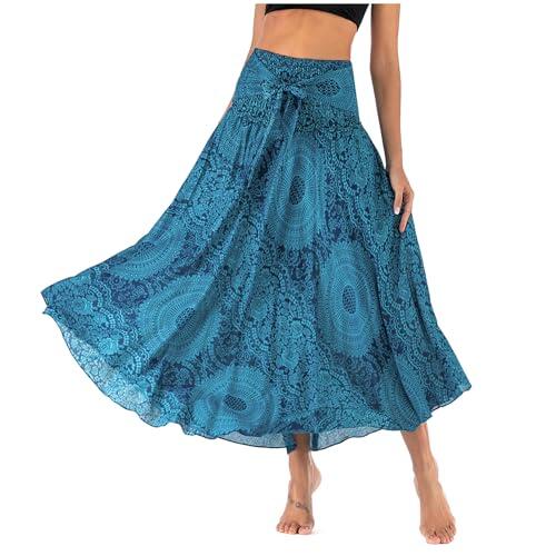 HAGOT Elegante Falda Largo para Mujer de 2 en 1, Maxi Vestido Larga Bohemia de Verano para Playa Vacaciones, Faldas Mujer Verano, Azul Mar