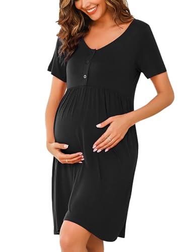 Bresdk Camisón Premamá Mujer con Botón Camisones de Lactancia de Maternidad Manga Corta Verano, Negro, XXL