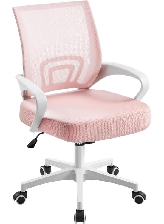 Yaheetech Silla de Escritorio Oficina Malla Silla Ergonomica con Soporte Lumbar Altura Ajustable Respaldo Transpirable Silla Giratoria Función Inclinación para Oficina Capacidad Max136 KG Rosa