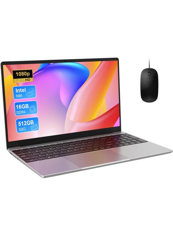 Ordenador Portatil 15,6 Pulgadas, 16GB DDR4 512GB SSD TF Expansión Laptop, Win11 Portátil CPU N95 (hasta 3,4 GHz), PC Notebook con 2.4G/5GHz WiFi, Tipo-C, USB 3.0, Bluetooth 5.0, Ratón Incluido
