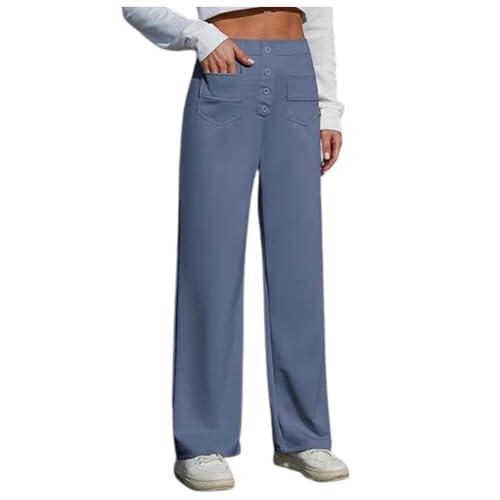 2025 - Pantalones de trabajo para mujer, cintura elástica alta, pantalones rectos de pierna ancha, pantalones casuales abotonados con bolsillos Pantalones de exterior para mujer 40, azul, L