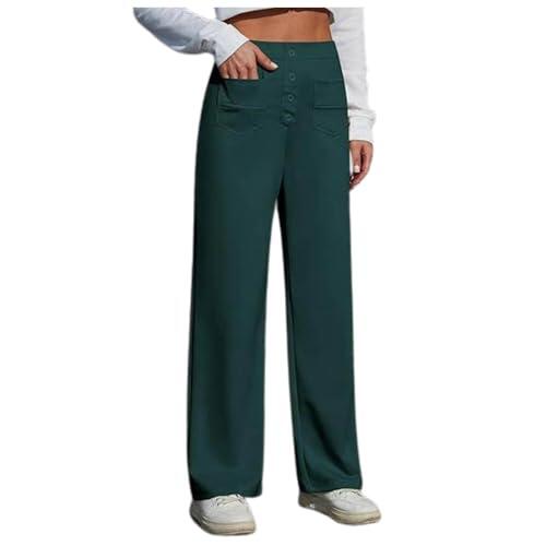 2025 - Pantalones de trabajo para mujer, cintura elástica alta, pantalones rectos de pierna ancha, pantalones casuales abotonados con bolsillos Pantalones de exterior para mujer 40, verde, XXL