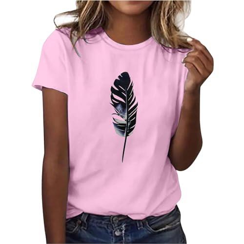 Camiseta informal de manga corta para mujer, con estampado de plumas 3D, cuello redondo, transpirable, cómoda para primavera, verano, camiseta informal, Rosa., XXL