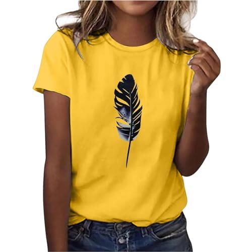 Camiseta informal de manga corta para mujer, con estampado de plumas 3D, cuello redondo, transpirable, cómoda para primavera, verano, camiseta informal, amarillo, M