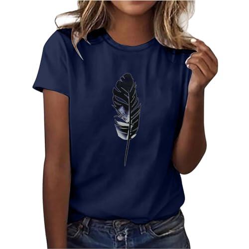 Camiseta informal de manga corta para mujer, con estampado de plumas 3D, cuello redondo, transpirable, cómoda para primavera, verano, camiseta informal, marine, XXL