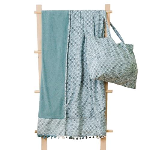 TRAMAS+ Set Toalla Pareo y Bolso a Juego, Toalla de Playa, Bolso con Estampado, Ideal para Verano, Playa, Piscina y Vacaciones - Walia Agua Marina