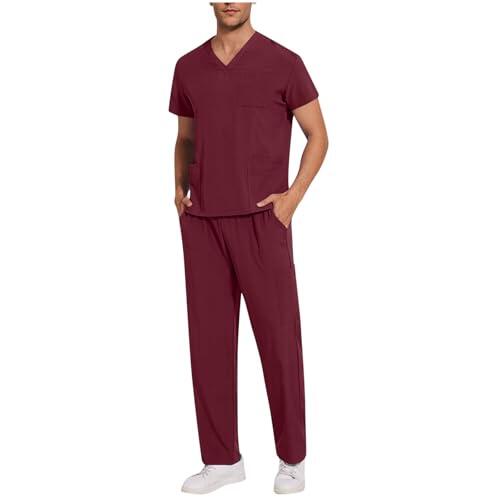 Uniforme Sanitario Hombre Ofertas,Conjunto de Uniformes médicos para hombre cuello v Trabajo Médico manga corta y pantalón largo con bolsillos Uniformes de enfermería Color Sólido ropa Trabajo