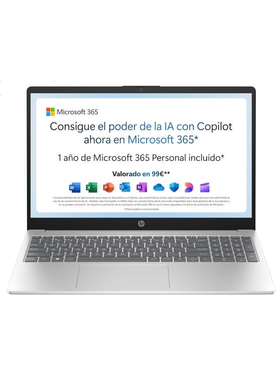 HP 15-fd0261ns - Ordenador portátil de 15.6" FHD (Intel N100, 4GB RAM, 128GB UFS, Intel UHD, Windows 11) Plata - Teclado QWERTY Español - Incluye Microsoft 365 Personal 12 Meses