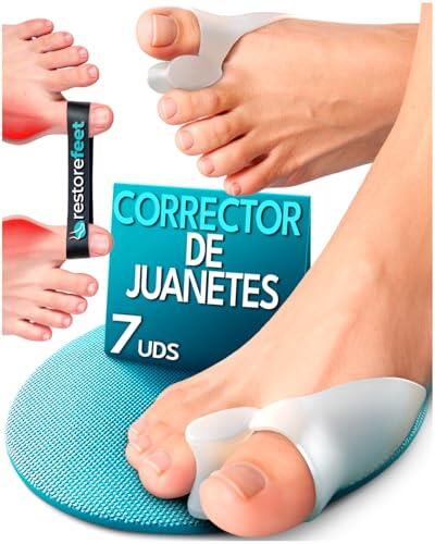 RestoreFeet Separador Dedos Pie y Corrector de Juanetes Mujer y Hombre – Corrector Juanetes Nocturno y Día, Alivio Dolor, Protector Dedo Gordo Pie, Kit 7 Piezas