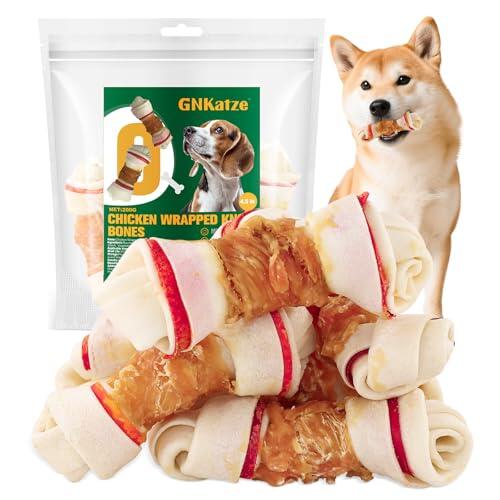 Snacks para perros Huesos de piel cruda envueltos en pollo, huesos anudados envueltos en pollo de larga duración para masticar para perros 4.5", bocadillos de entrenamiento fáciles de digerir, 200G