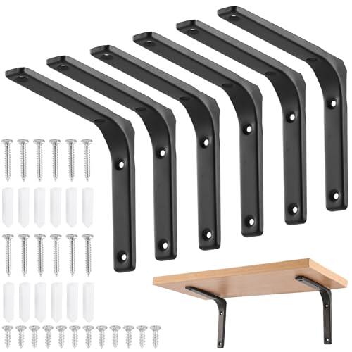 HonQiShiMY 6 Piezas Soporte para Estantes, Soporte Flotante Negro 150x125mm, Escuadras Metálicas para Estanterías y Armarios, Soporte Baldas Armario, Fácil Instalación para Estantes Pared