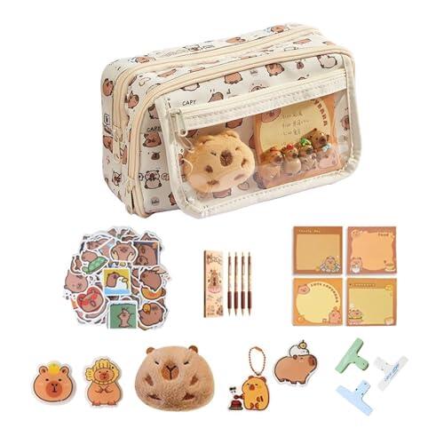 Ferizzia 58 Piezas Juego de Papelería de, Estuche para Lápices con 9 Compartimentos, Kawaii Estuche para Lápices Carpincho, con Bolígrafo, Pegatinas, para Niña, Niños, Estudiantes