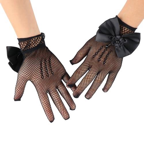 Guanti Princesa Bambina, Red de Pescado Halloween Guantes Blancos Niña Fancy Vestido Guantes de Fiesta de té para Niños 4-12 Años de Edad (Negro)