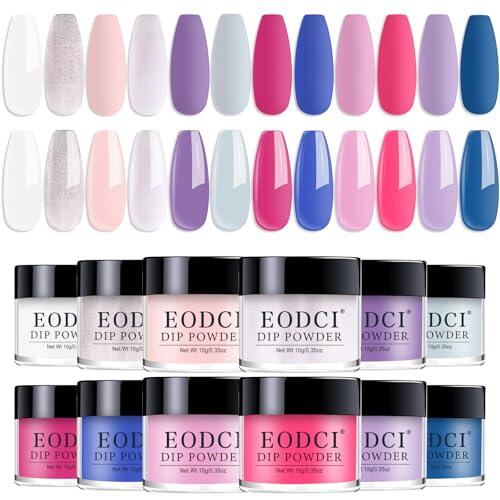 EODCI Juego de polvo para inmersión de uñas, 12 colores, arte de uñas de San Valentín, principiante, salón de manicura, bricolaje en casa, rosa, morado, azul, rosa oscuro, morado claro, no requiere