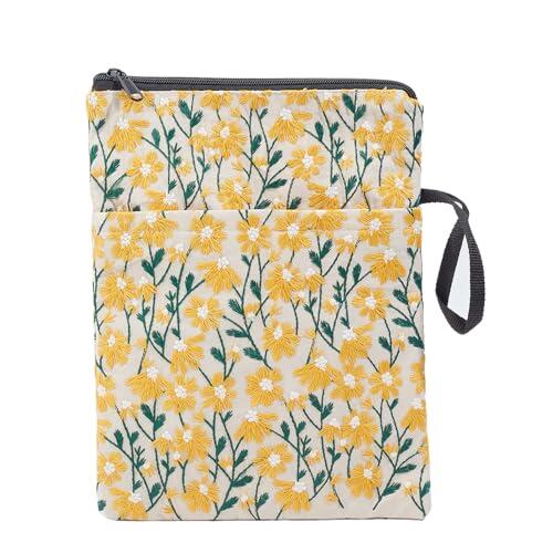 NICENEEDED Funda para Libro Cremallera, Protector de Libros Lavable de Tela Amarilla con Diseño de Margaritas para Lectores