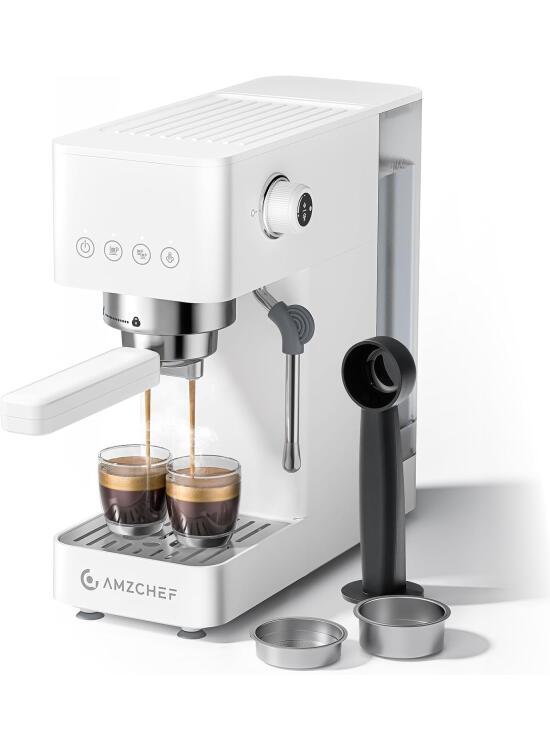 AMZCHEF Cafetera Espresso de 20 Bares, coffee machine con espumador de leche profesional, pequeña cafetera espresso para capuchino, latte y macchiato, depósito de agua de 1,5L, 1350W,color blanco