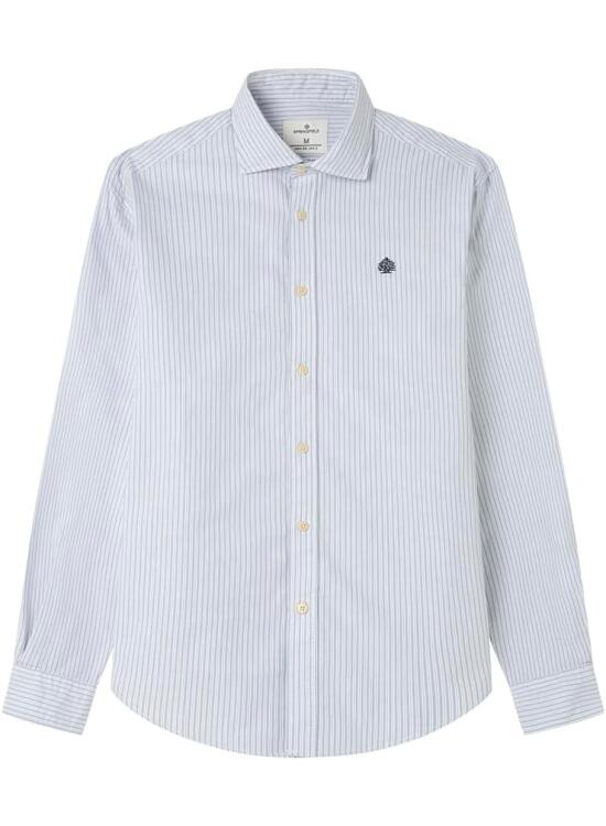 Exploración Detallada de la Camisa Oxford Ligera Rayada con Bordado