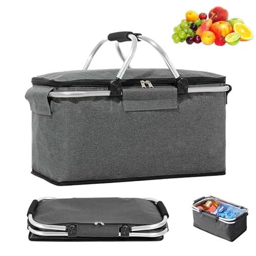 Cesta de La Compra Plegable, 18L Cesta Picnic con Función de Refrigeración, Bolsa Picnic Térmica, Bolsa de Transporte Cesta de Picnic, con Tapa, Cremallera y Asas, para Barbacoa, Camping, Gris
