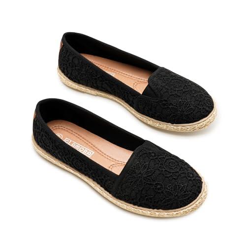 GLAMORA Alpargatas de Encaje con Suela de Esparto, Zapatos Planos Mujer Tipo Bailarinas Manoletinas Cómodas Slip On, Calzado Verano Ligero Transpirable Punta Redonda black-38