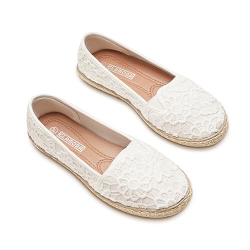 GLAMORA Alpargatas de Encaje con Suela de Esparto, Zapatos Planos Mujer Tipo Bailarinas Manoletinas Cómodas Slip On, Calzado Verano Ligero Transpirable Punta Redonda white-39