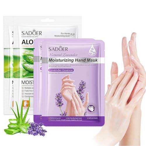 4 pares Guantes Hidratantes, Mascarillas Hidratantes Exfoliantes Para Manos, Para Cuidado Manos Revivir la Piel, Secas y Agrietadas de Mujeres y Hombres(2 Lavanda & 2 Aloe Vera)