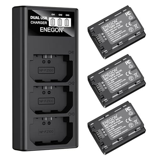 ENEGON Batería NP-FZ100 (3×2280mAh) Incluye Cargador de 3 Ranuras con Pantalla LCD Compatible con Sony A7III, A7 IV, A7C/A7C R, A7R III/IV/V, ZV-E1, FX3, FX30, A1, A6600, A6700, A9/A9 II Cámaras